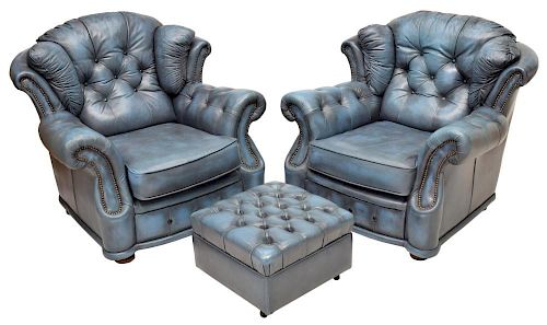 (3) CHESTERFIELD WINGBACK LEATHER CHAIRS & STOOL