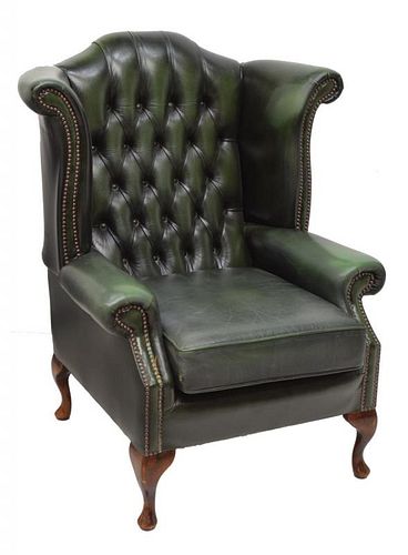 ENGLISH GREEN LEATHER BUTTON BACK WINGBACK CHAIR