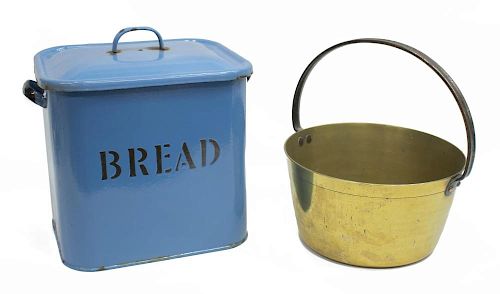 (2) ENAMEL BREAD BOX AND 19TH C. BRASS JELLY PAN