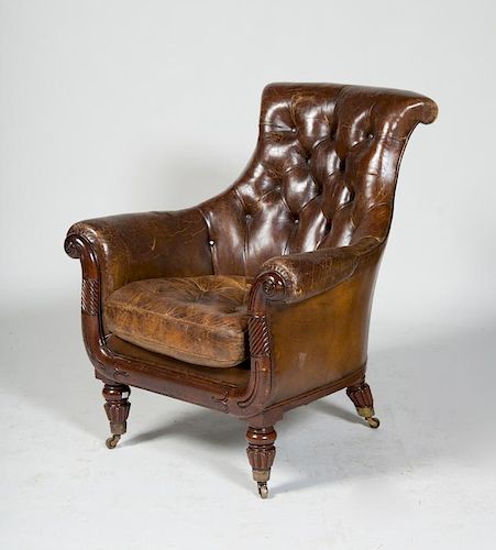 VICTORIAN CARVED MAHOGANY LEATHER TUFTED ARMCHAIR