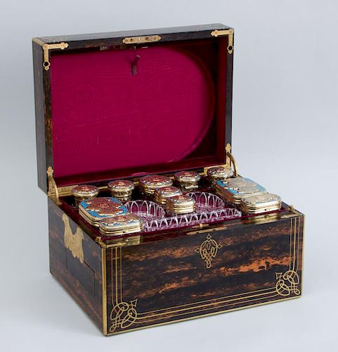 VICTORIAN ENAMELED SILVER-GILT AND CUT-GLASS TOILET SET IN A BRASS-MOUNTED CALAMANDER WOOD CASE