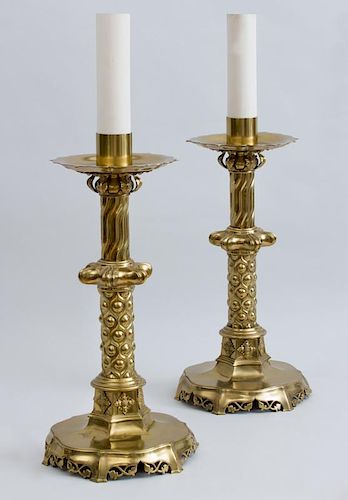PAIR OF ENGLISH GOTHIC STYLE BRASS CANDLE HOLDERS, MOUNTED AS LAMPS