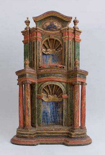 ITALIAN BAROQUE CARVED AND POLYCHROME PAINTED TWO-TIER SHRINE