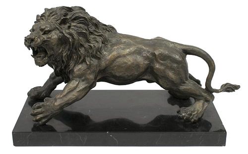 PATINATED BRONZE STANDING LION TABLE SCULPTURE
