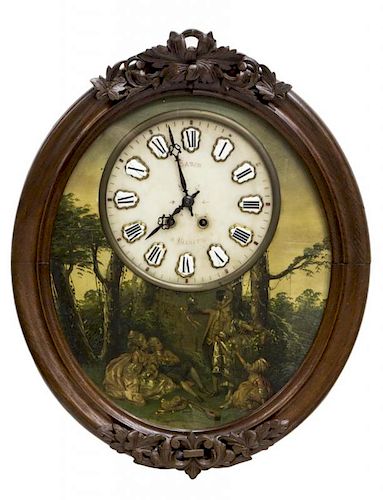 FRENCH TIME & STRIKE PAINTED WALL CLOCK, 19TH C.