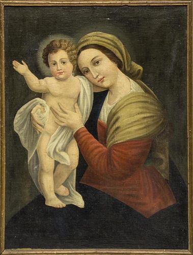 FRAMED OIL ON CANVAS OF MADONNA & CHILD, 19TH C.