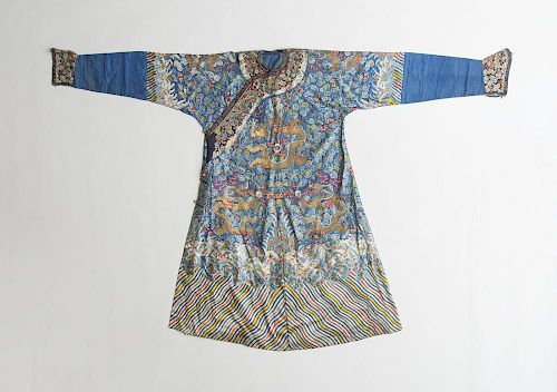 CHINESE SILK AND METALLIC THREAD EMBROIDERED ROBE, POSSIBLY QIANLONG
