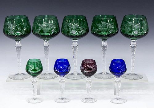 (9) CUT TO CLEAR MULTI COLOR CORDIALS & GOBLETS