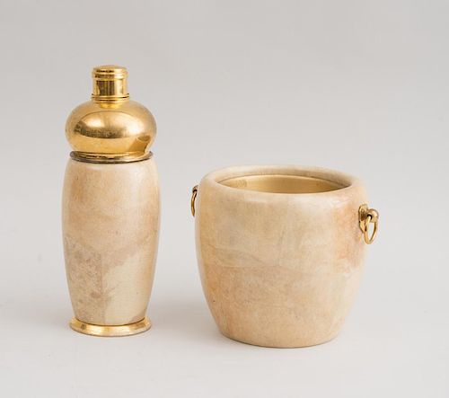 MACABO GLAZED WOOD COCKTAIL SHAKER WITH BRASS LID AND A MATCHING ICE BUCKET