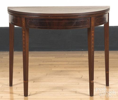 Federal style inlaid mahogany games table, constru