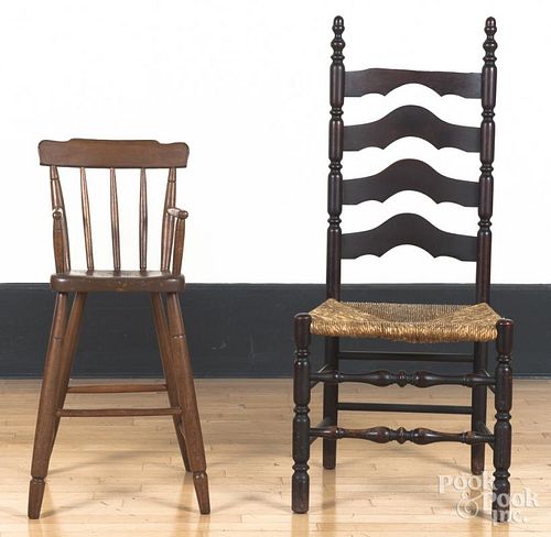 Pine highchair, 19th c., together with a ladderbac