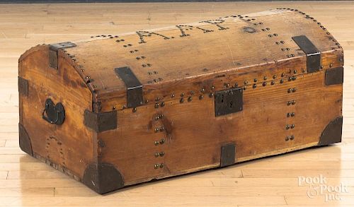 New England pine dome lid trunk, 19th c., with bra