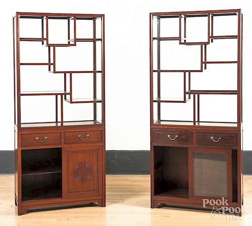 Pair of Chinese hardwood display cabinets, 70" h.,