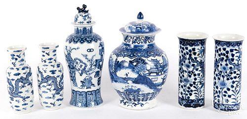 Six Chinese export blue and white porcelain vases/