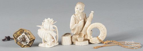 Four Japanese Meiji period carved ivory figures an