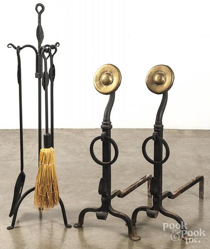 Pair of wrought iron andirons, 29 1/2" h., togethe