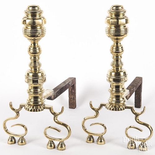 Pair of Federal brass andirons, ca. 1820, 17 1/4"