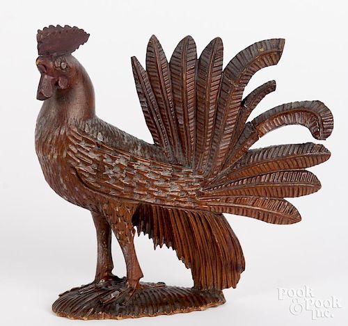 Carved pine rooster, late 19th c., 8 1/4" h.