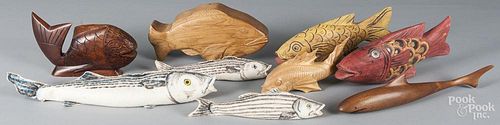 Six carved wood fish, together with three stuffed