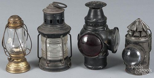 Three tin lanterns, 19th c., together with a brass