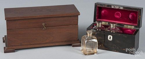Calamander box with three interior ink bottles, to