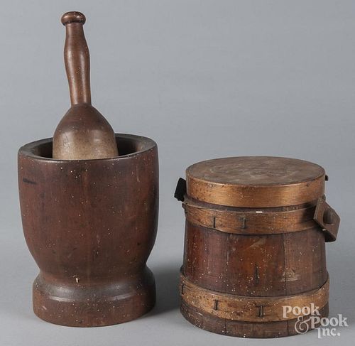 Pine firkin, together with a mortar and pestle, a