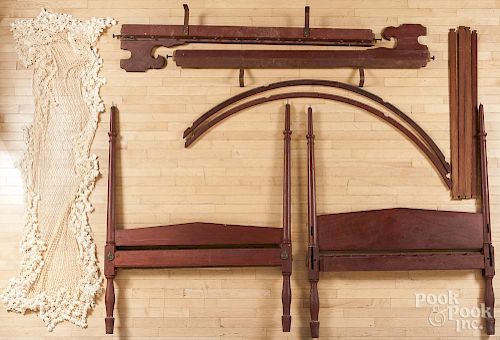 Painted pine rope bed, early 19th c., with arched