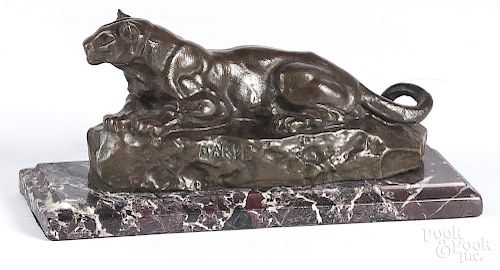 Patinated bronze panther, after Bayre, 9 1/2" l.