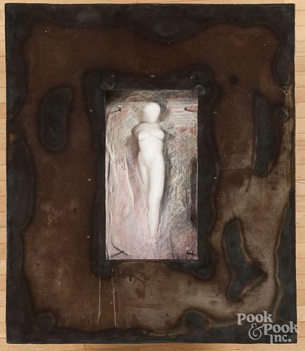 Plaster nude relief with steel surround, signed {L