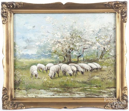 Oil on canvas landscape with sheep, early 20th c.,