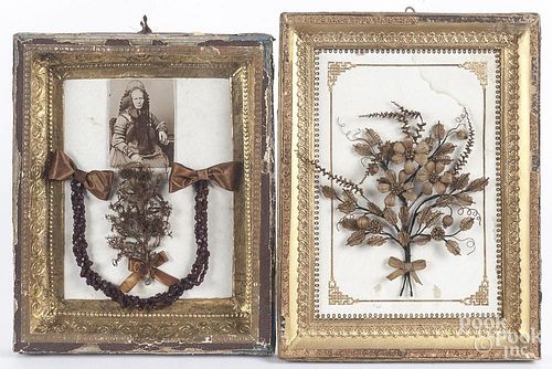Two Victorian hairworks in shadowbox frames, 10" x