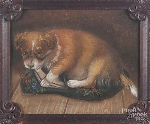 Pastel of a puppy chewing a lady's shoe, ca. 1900,