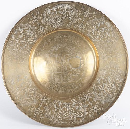 Chinese engraved brass charger, 26 1/4" dia.