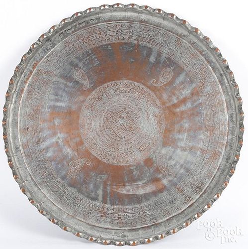Persian engraved copper charger, 28" dia.