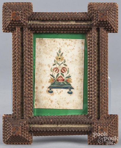 Small silkwork picture in tramp art frame, late 19