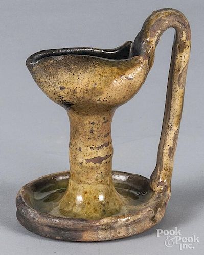 Redware fat lamp, 19th c., with mottled green glaz