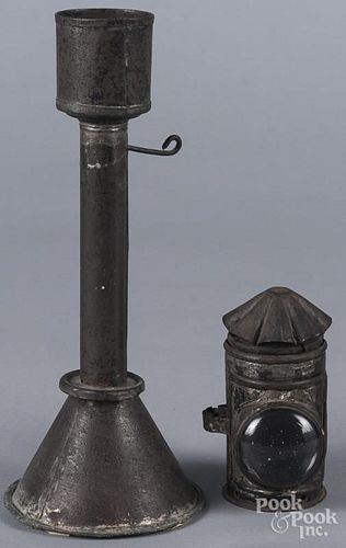 Weighted tin candleholder, 19th c., together with