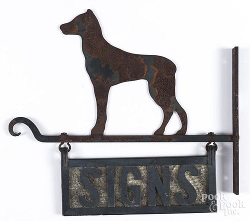 Sheet iron Signs house marker with cutout hound, 1