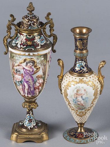 Two porcelain and enamel urns, ca. 1900, 7 3/4" h.