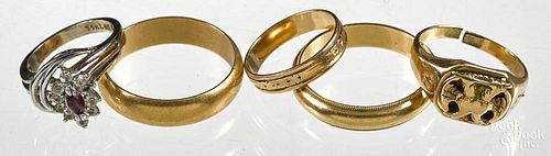 Group of five rings, to include three 14K wedding