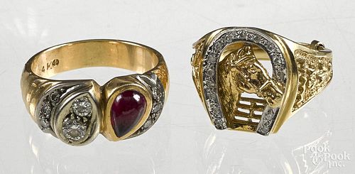 14K gold, diamond, and ruby ring, with eight diamo