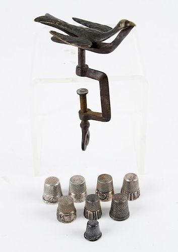 (8) STERLING SILVER THIMBLES & BIRD FORM SEWING CLAMP
