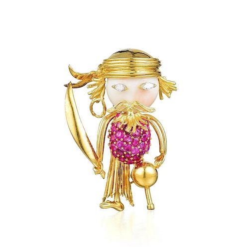 A Coral, Ruby and Diamond Animated Pirate Brooch