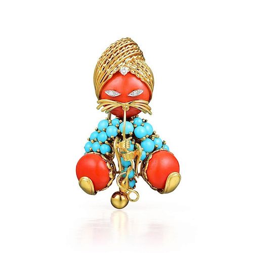 An Arabian Coral, Turquoise and Diamond Brooch