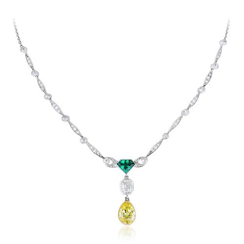 An Art Deco Natural Fancy Vivid Yellow Diamond and Emerald Necklace
