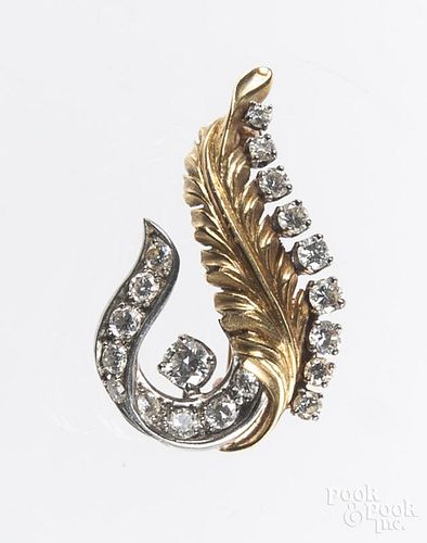 18K yellow gold, platinum, and diamond feather pin, unmarked, with nineteen diamonds totaling approx