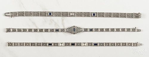 Three Art Deco white gold filigree and sapphire bracelets