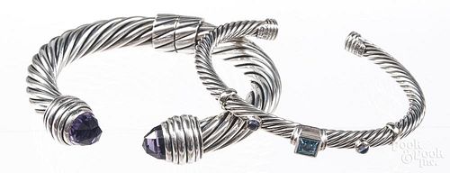 Two David Yurman sterling silver cuff bracelets, to include a large cable cuff with amethyst, 6'' int
