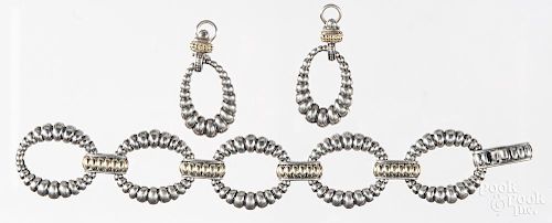 Lagos Caviar sterling silver and 18K gold Links bracelet and earrings, bracelet - 7 1/4'' l., earring