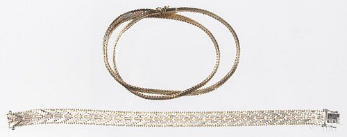 14K yellow, white, and rose gold necklace, 16'' l, and bracelet, 8'' l., 42.8 g.